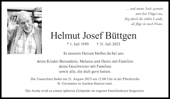 Traueranzeige von Helmut  Büttgen von Zeitung am Sonntag