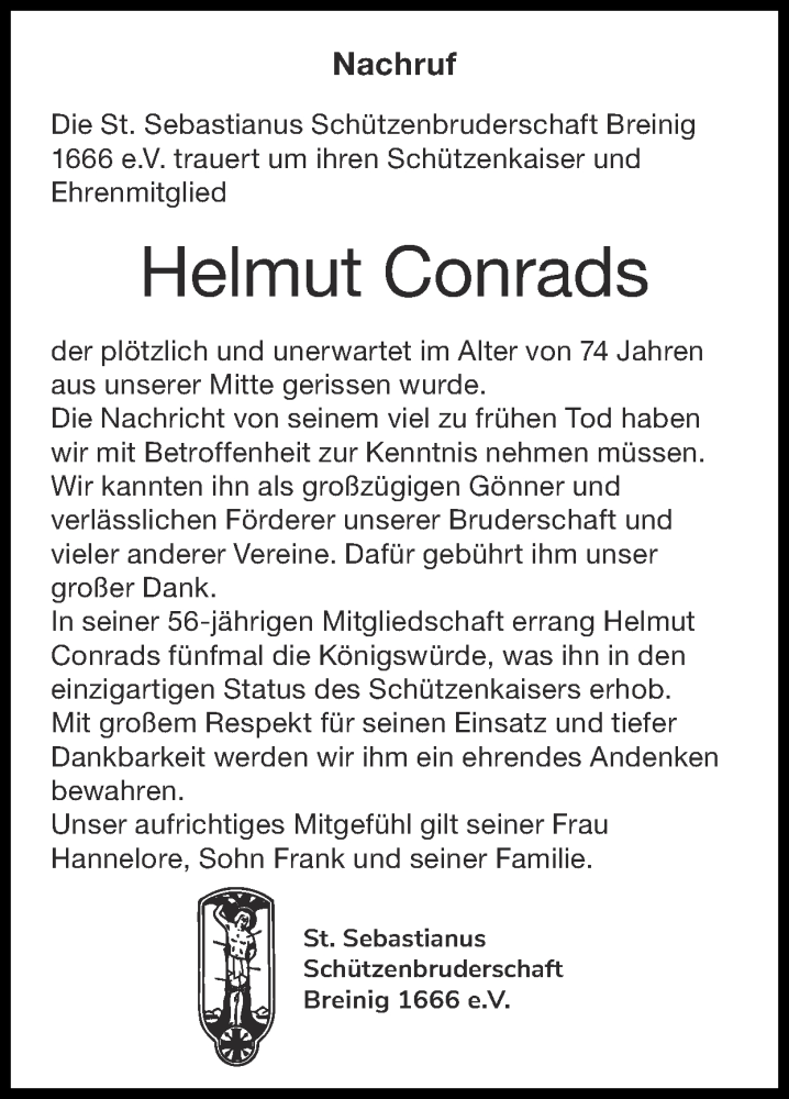  Traueranzeige für Helmut Conrads vom 13.08.2023 aus Zeitung am Sonntag