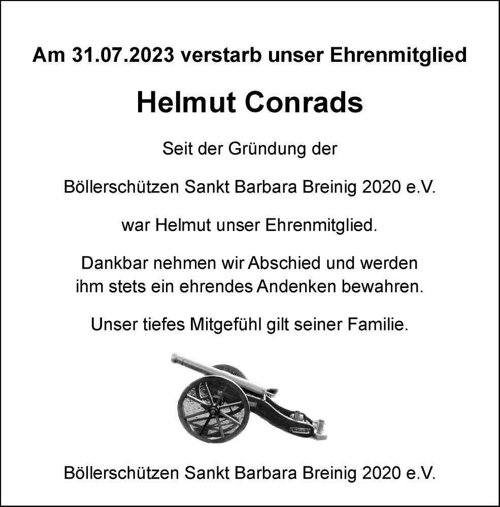  Traueranzeige für Helmut Conrads vom 13.08.2023 aus Zeitung am Sonntag