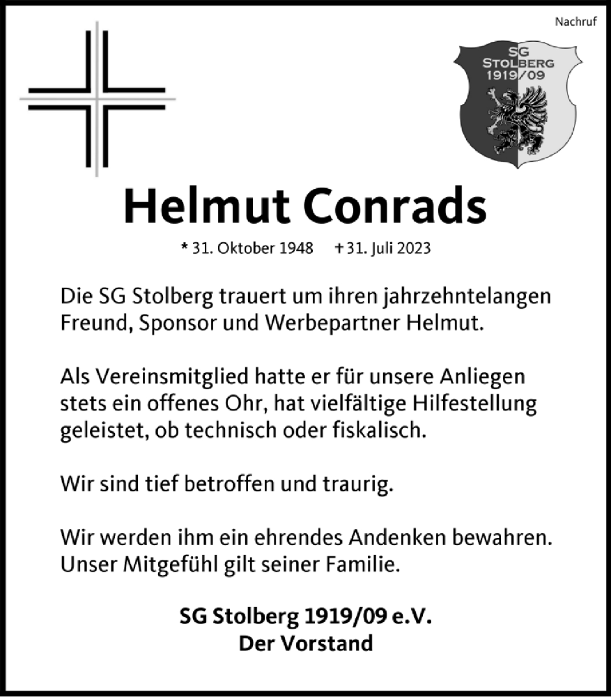  Traueranzeige für Helmut Conrads vom 20.08.2023 aus Zeitung am Sonntag
