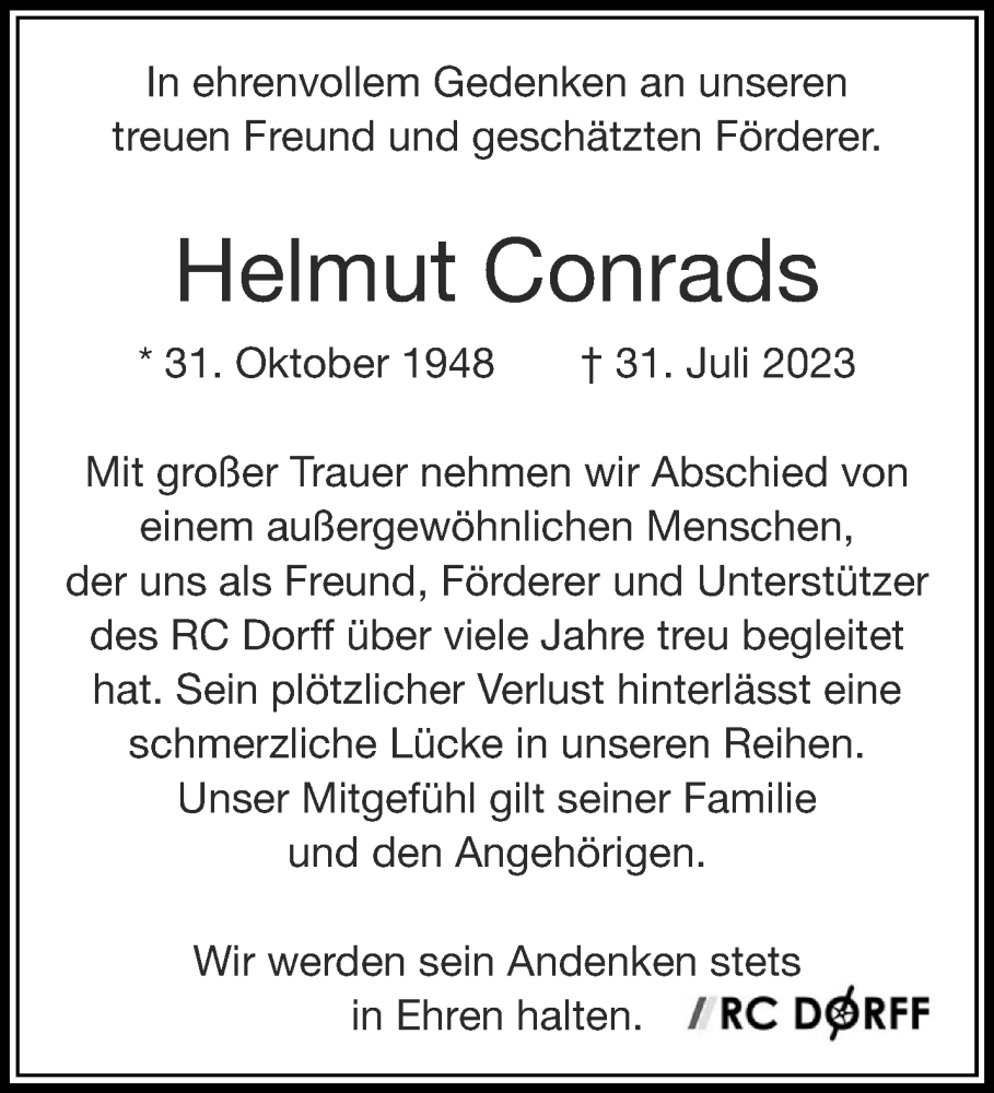  Traueranzeige für Helmut Conrads vom 12.08.2023 aus Aachener Zeitung