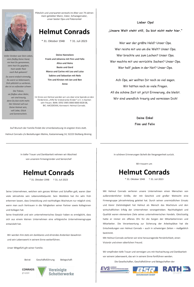 Traueranzeige für Helmut Conrads vom 05.08.2023 aus Aachener Zeitung