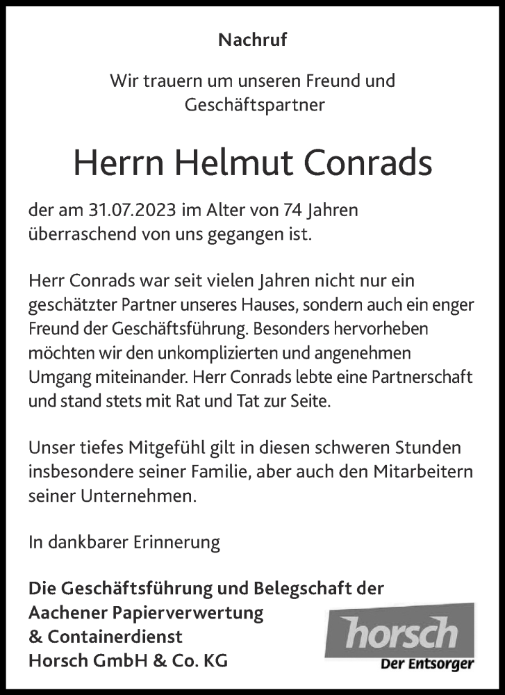  Traueranzeige für Helmut Conrads vom 12.08.2023 aus Aachener Zeitung