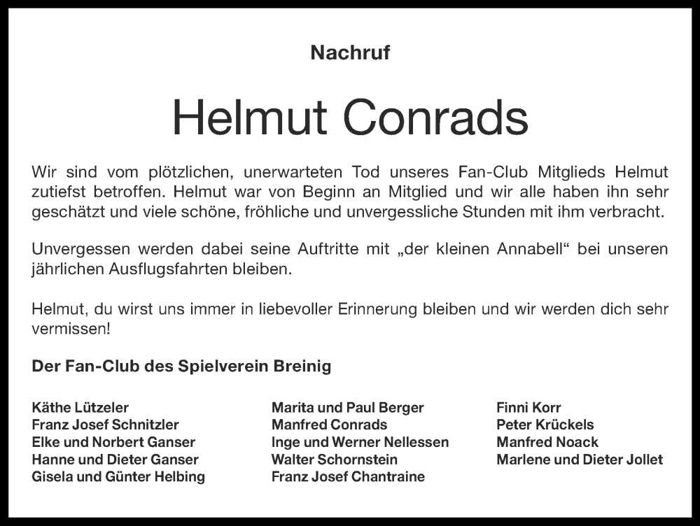  Traueranzeige für Helmut Conrads vom 06.08.2023 aus Zeitung am Sonntag