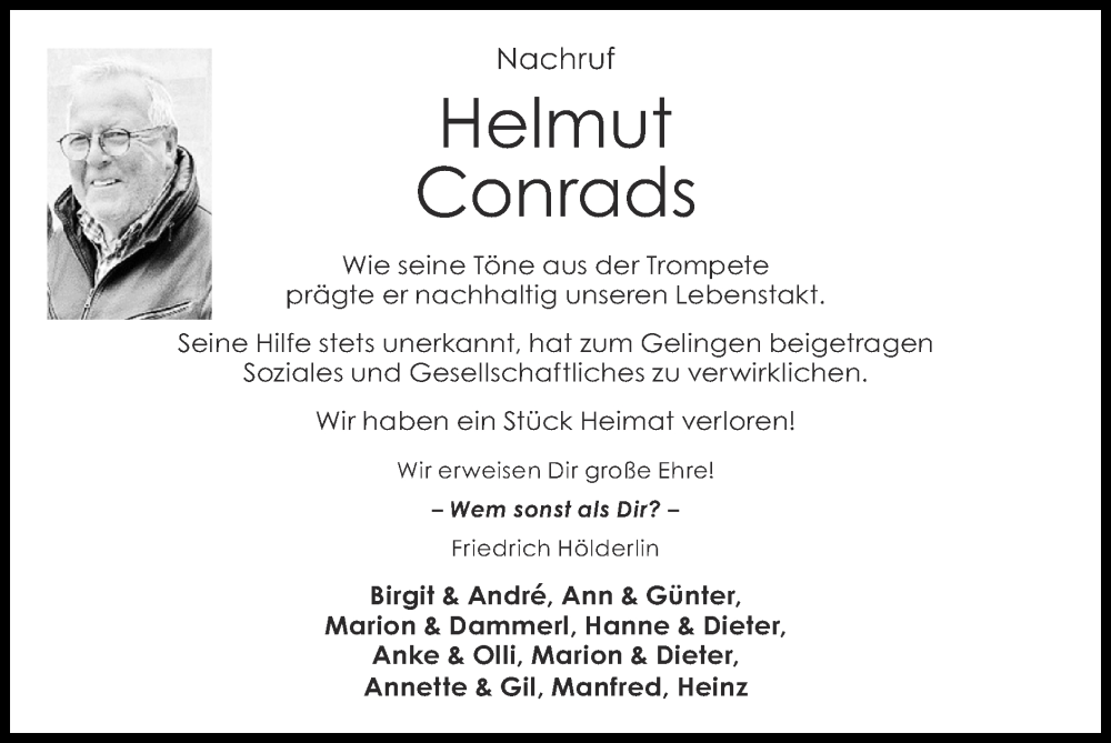  Traueranzeige für Helmut Conrads vom 13.08.2023 aus Zeitung am Sonntag