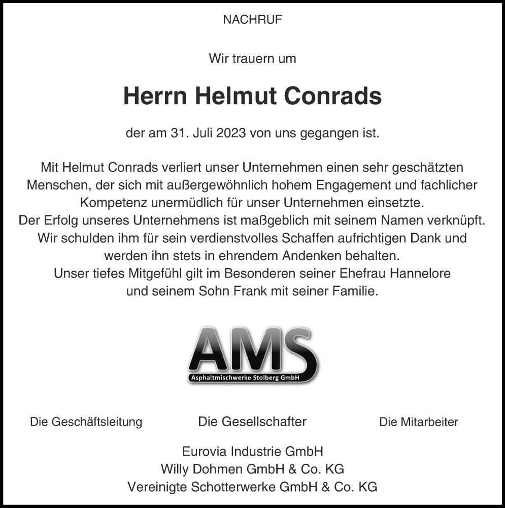  Traueranzeige für Helmut Conrads vom 06.08.2023 aus Zeitung am Sonntag