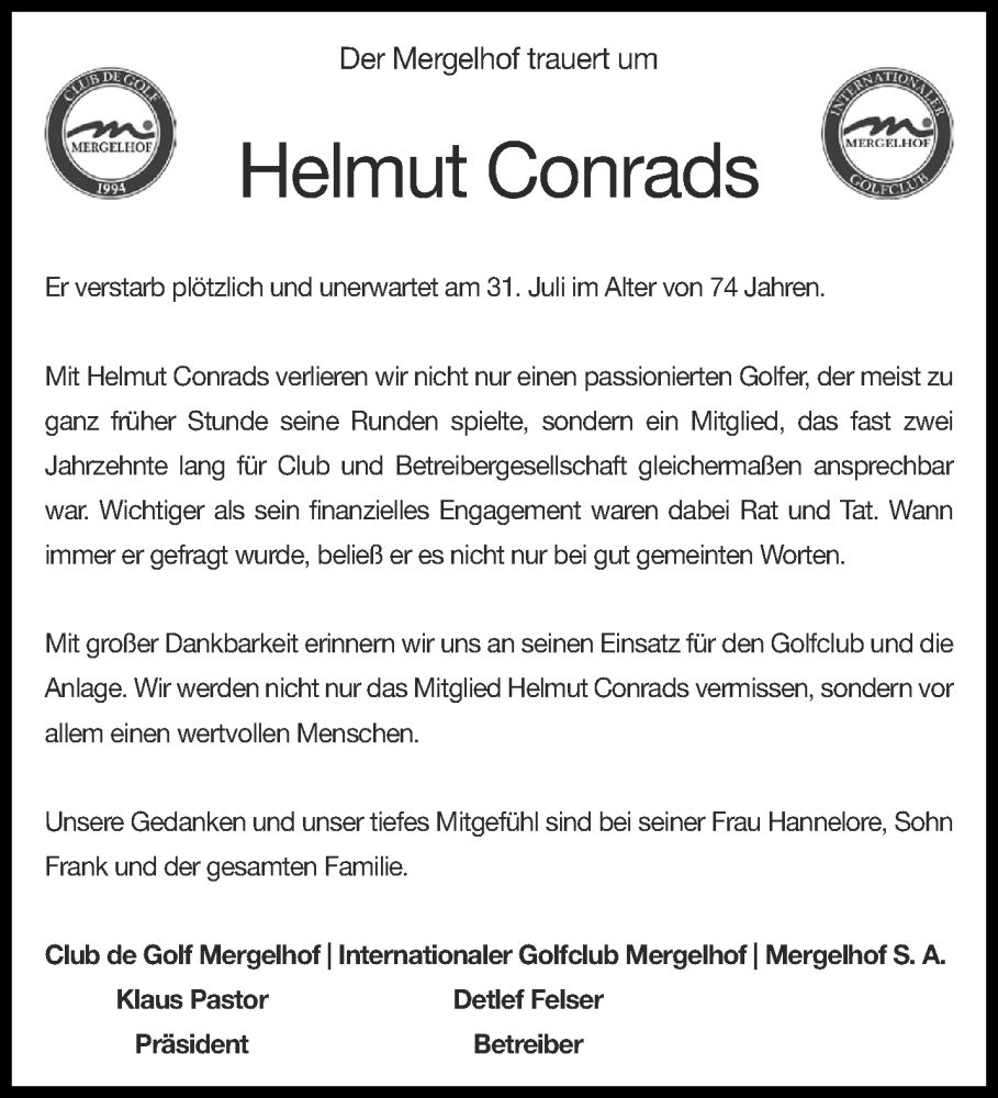  Traueranzeige für Helmut Conrads vom 05.08.2023 aus Aachener Zeitung