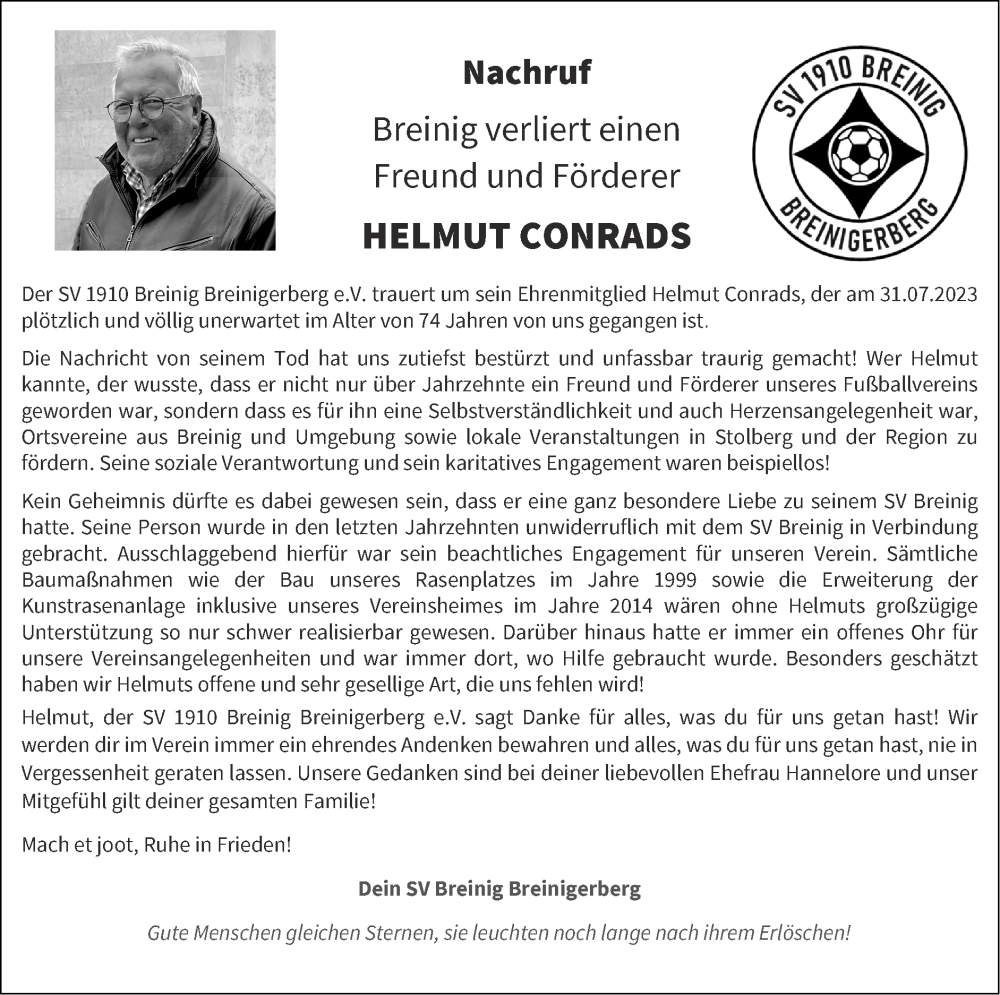  Traueranzeige für Helmut Conrads vom 13.08.2023 aus Zeitung am Sonntag