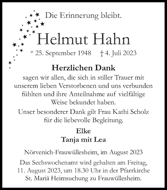 Traueranzeige von Helmut Hahn von Zeitung am Sonntag