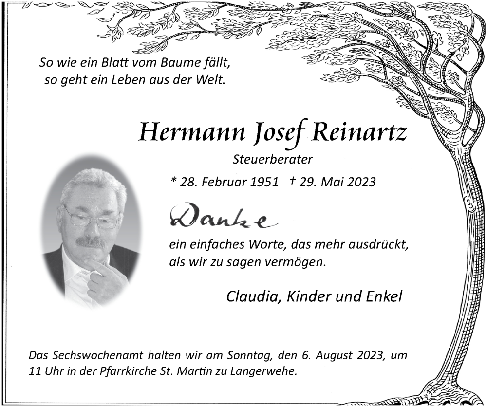  Traueranzeige für Hermann Josef Reinartz vom 06.08.2023 aus Zeitung am Sonntag