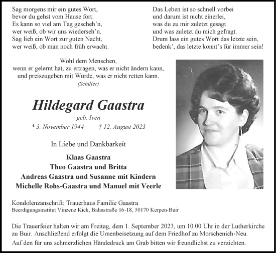 Traueranzeige von Hildegard Gaastra von Zeitung am Sonntag