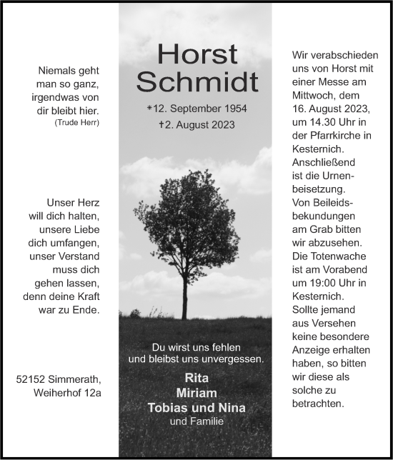 Traueranzeige von Horst Schmidt von Zeitung am Sonntag