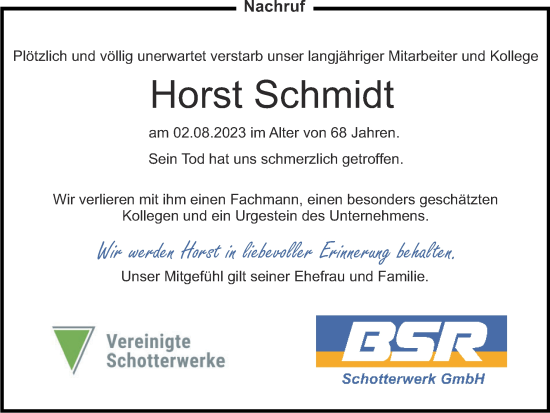 Traueranzeige von Horst Schmidt von Zeitung am Sonntag