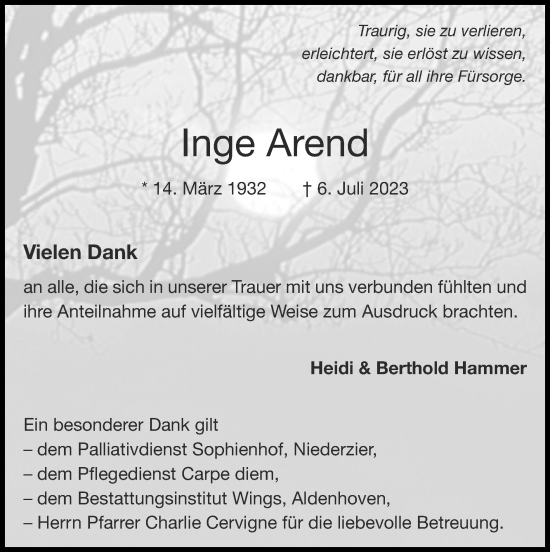 Traueranzeige von Inge Arend von Zeitung am Sonntag