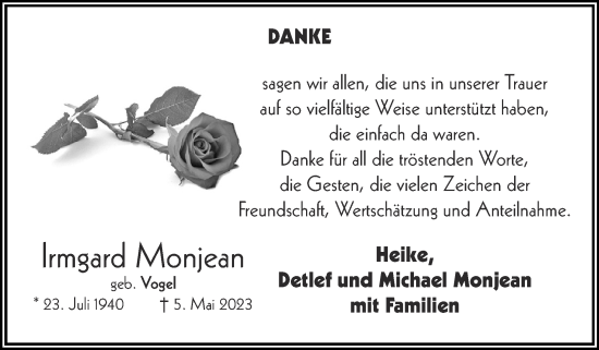 Traueranzeige von Irmgard Monjean von Zeitung am Sonntag