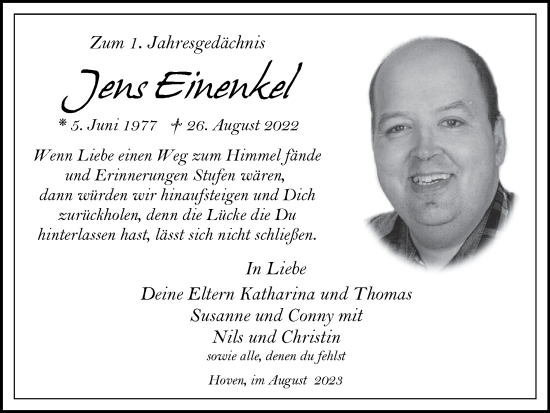 Traueranzeige von Jens Einenkel von Zeitung am Sonntag