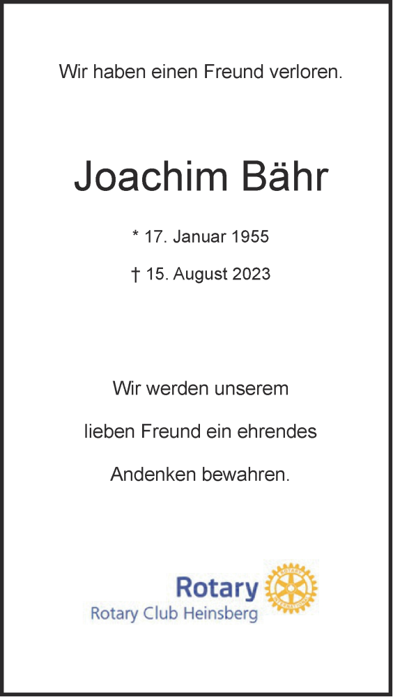  Traueranzeige für Joachim Bähr vom 20.08.2023 aus Zeitung am Sonntag