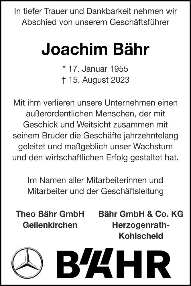  Traueranzeige für Joachim Bähr vom 20.08.2023 aus Zeitung am Sonntag
