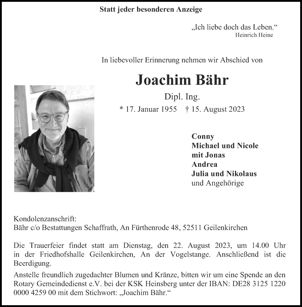  Traueranzeige für Joachim Bähr vom 19.08.2023 aus Aachener Zeitung