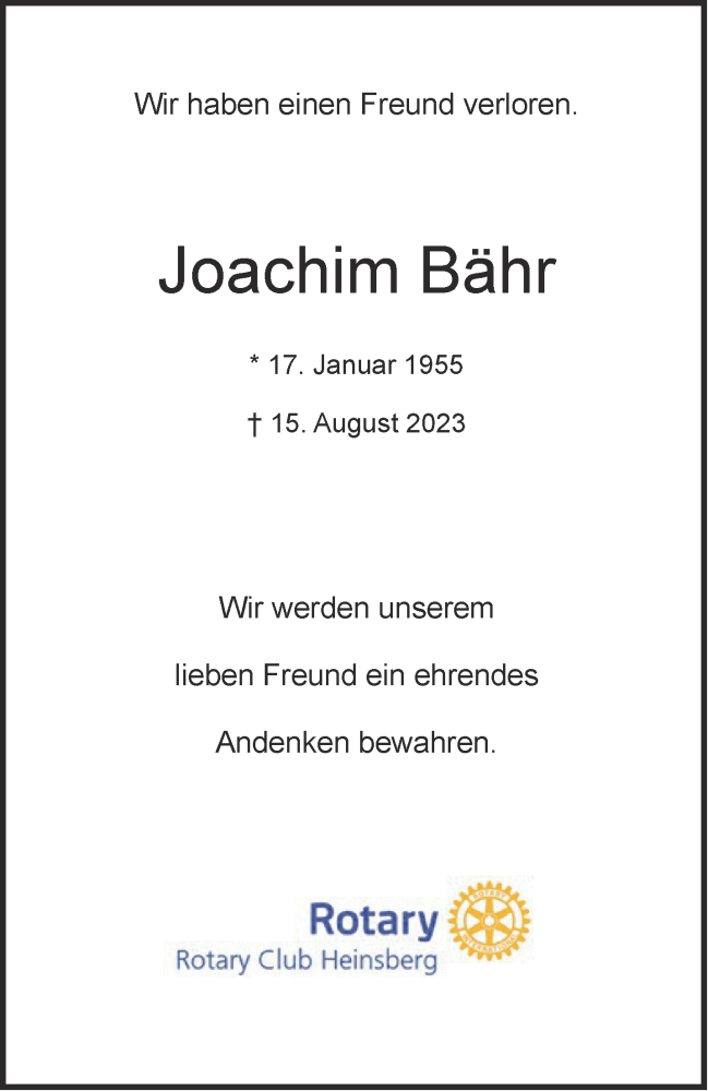  Traueranzeige für Joachim Bähr vom 19.08.2023 aus Aachener Zeitung