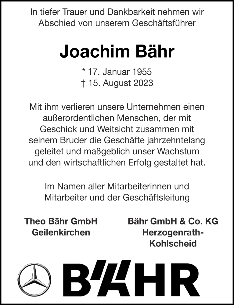  Traueranzeige für Joachim Bähr vom 19.08.2023 aus Aachener Zeitung