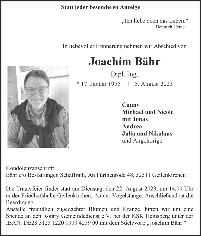  Traueranzeige für Joachim Bähr vom 20.08.2023 aus Zeitung am Sonntag