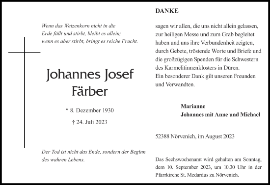Traueranzeige von Johannes Josef Färber von Zeitung am Sonntag