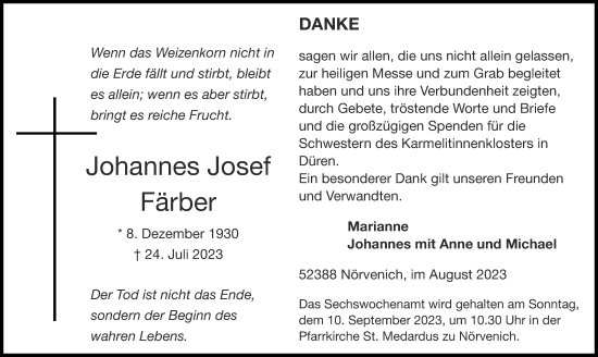 Traueranzeige von Johannes Josef Färber von Aachener Zeitung