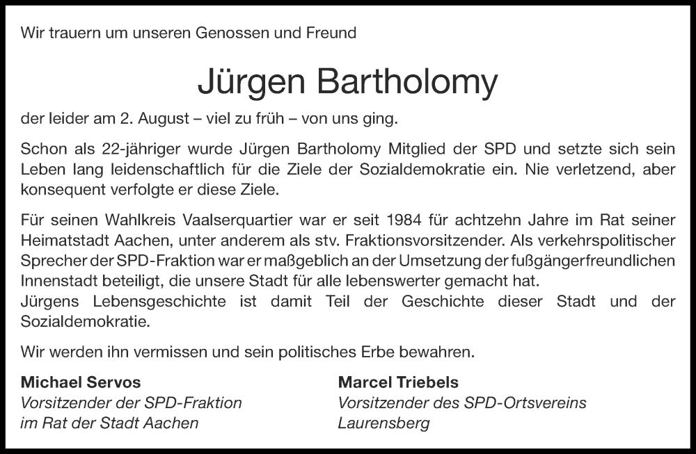  Traueranzeige für Jürgen Bartholomy vom 12.08.2023 aus Aachener Zeitung