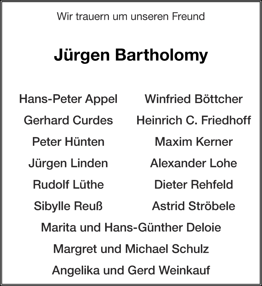  Traueranzeige für Jürgen Bartholomy vom 12.08.2023 aus Aachener Zeitung