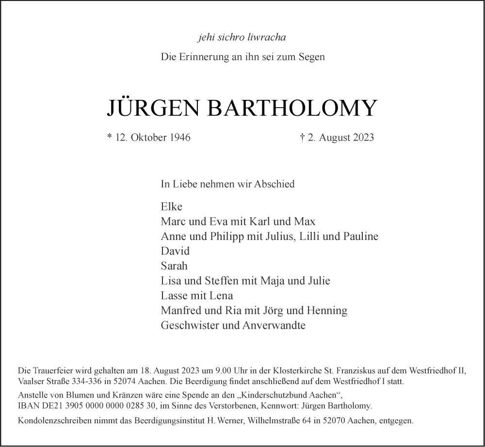  Traueranzeige für Jürgen Bartholomy vom 12.08.2023 aus Aachener Zeitung