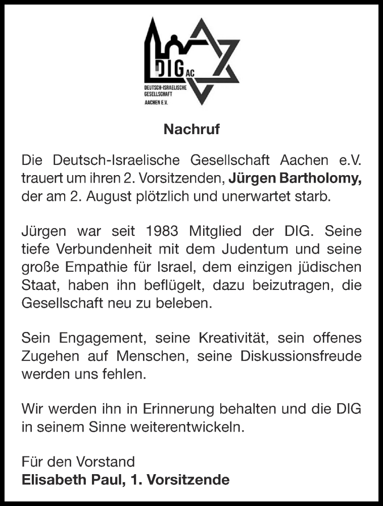  Traueranzeige für Jürgen Bartholomy vom 12.08.2023 aus Aachener Zeitung
