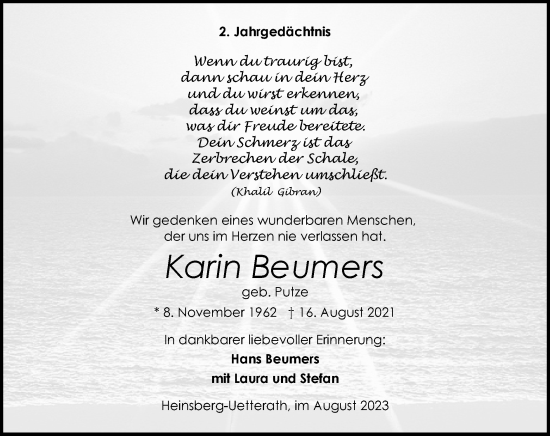 Traueranzeige von Karin Beumers von Zeitung am Sonntag