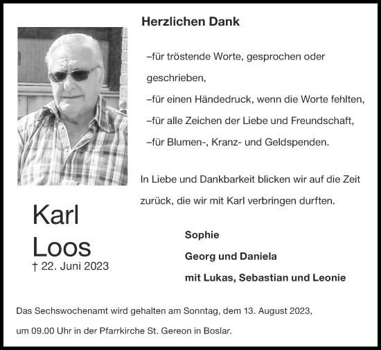Traueranzeige von Karl Loos von Zeitung am Sonntag