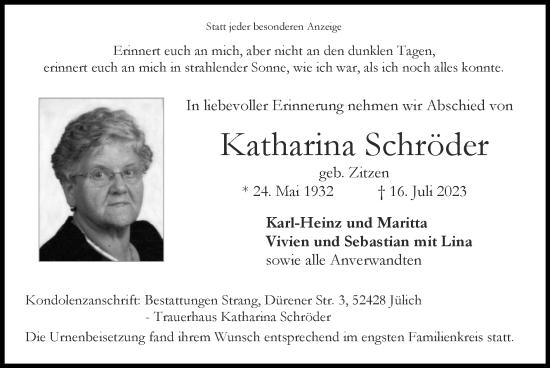Traueranzeige von Katharina Schröder von Zeitung am Sonntag