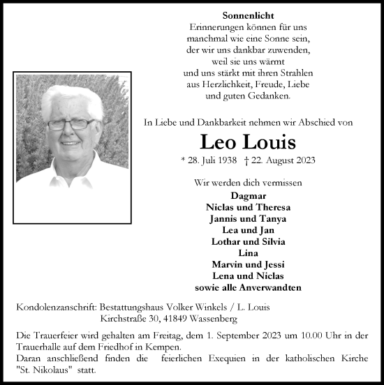 Traueranzeige von Leo Louis von Zeitung am Sonntag