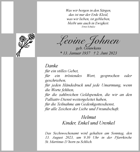 Traueranzeige von Levine Johnen von Zeitung am Sonntag