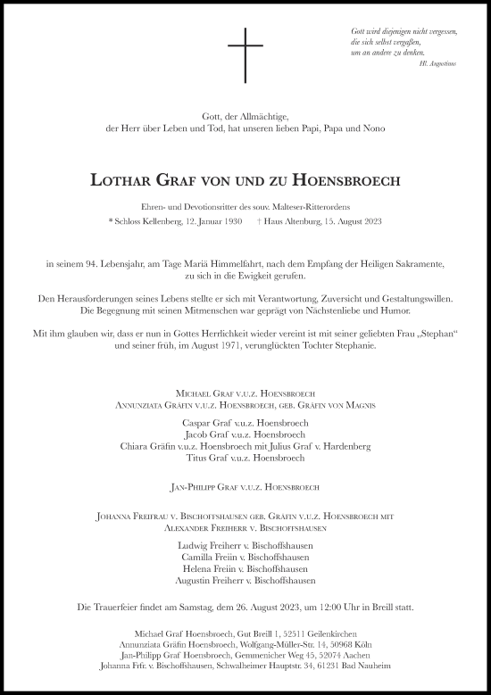 Traueranzeige von Lothar Graf von und zu Hoensbroech von Aachener Zeitung