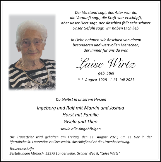 Traueranzeige von Luise Wirtz von Zeitung am Sonntag