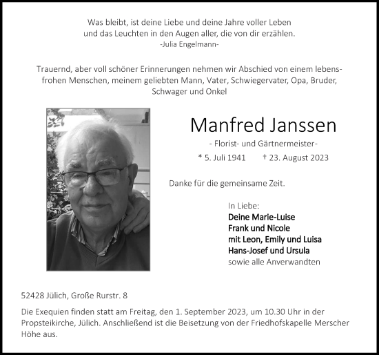 Traueranzeige von Manfred Janssen von Zeitung am Sonntag