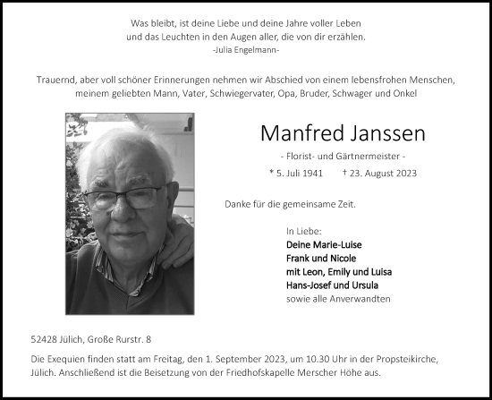 Traueranzeige von Manfred Janssen von Aachener Zeitung