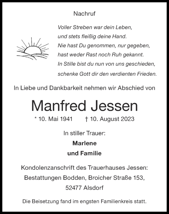 Traueranzeige von Manfred Jessen von Zeitung am Sonntag