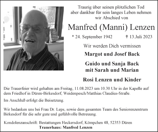 Traueranzeige von Manfred Lenzen von Zeitung am Sonntag