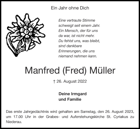 Traueranzeige von Manfred Müller von Zeitung am Sonntag