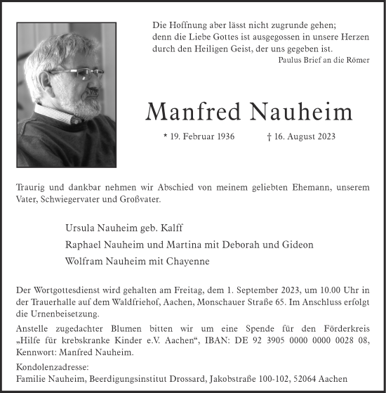 Traueranzeige von Manfred Nauheim von Aachener Zeitung