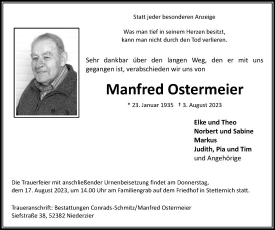 Traueranzeige von Manfred Ostermeier von Zeitung am Sonntag