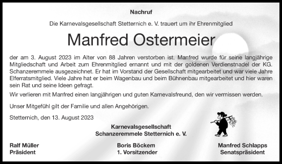 Traueranzeige von Manfred Ostermeier von Zeitung am Sonntag