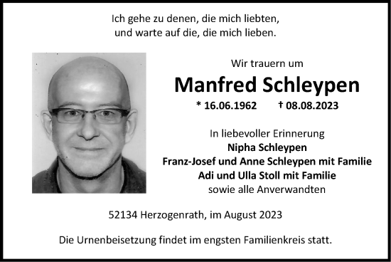 Traueranzeige von Manfred Schleypen von Zeitung am Sonntag