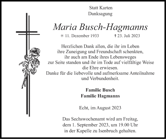 Traueranzeige von Maria Busch-Hagmanns von Zeitung am Sonntag