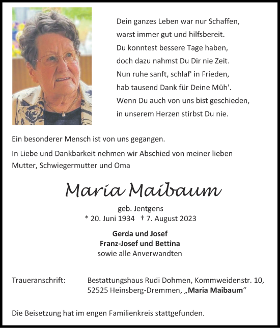 Traueranzeige von Maria Maibaum von Zeitung am Sonntag